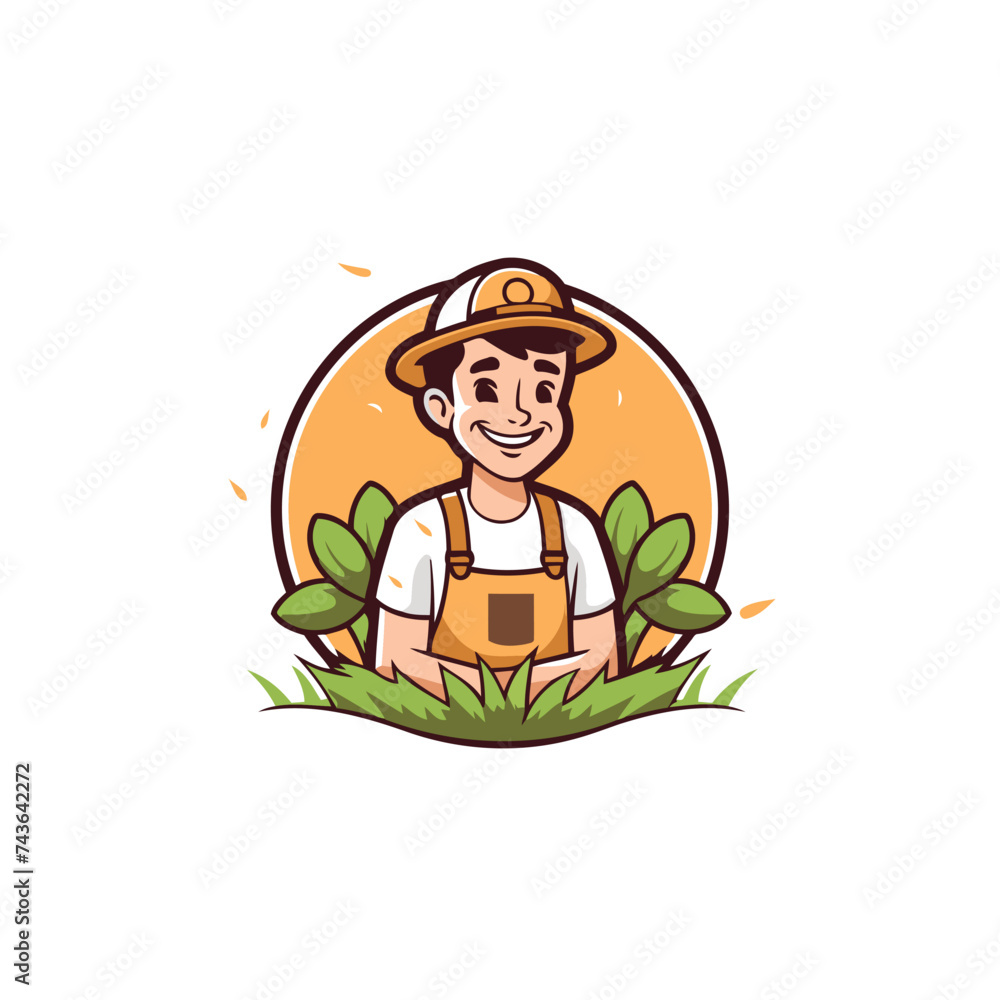 Farmer with hat and apron in the field. Vector illustration
