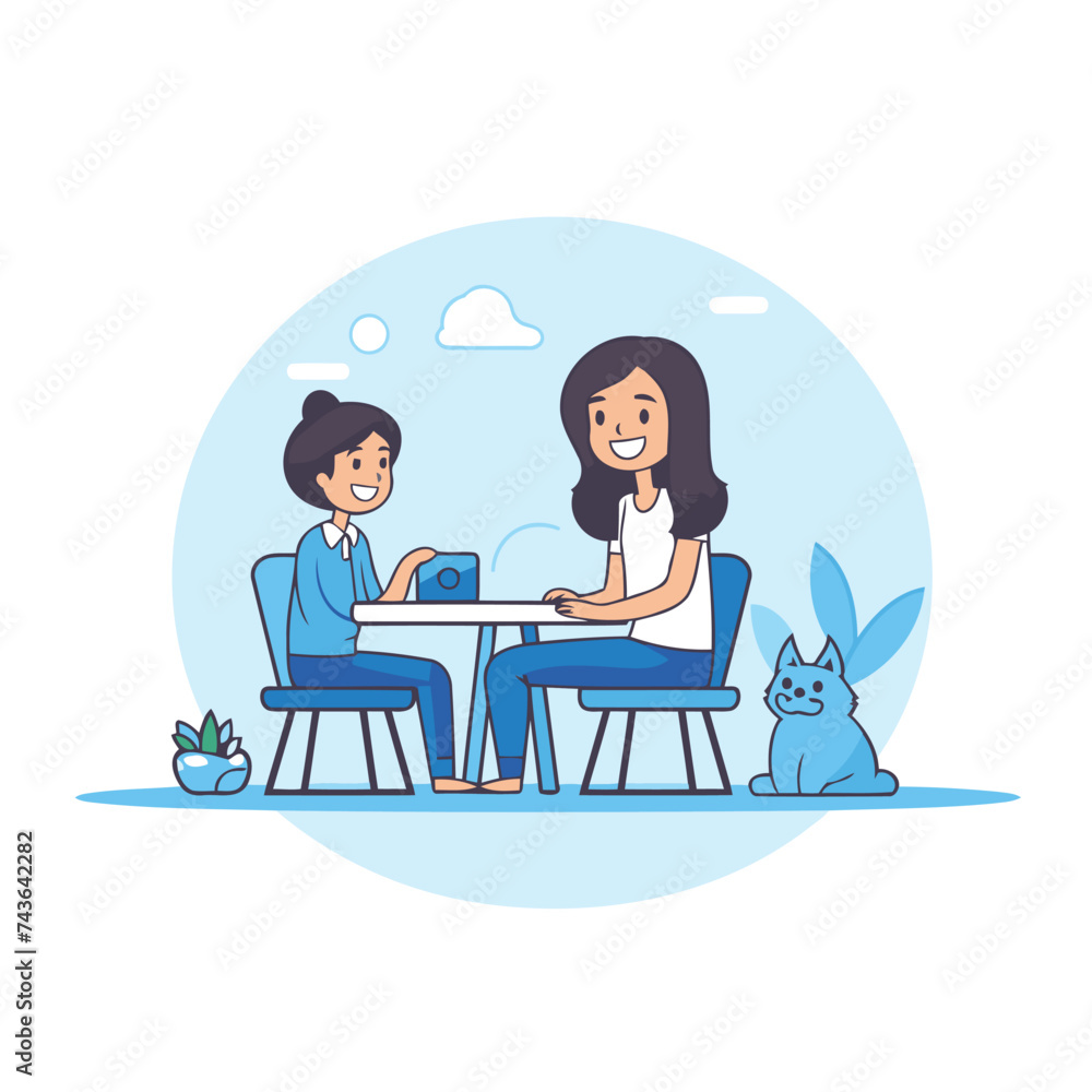 Mother and daughter sitting at table and playing with cat. Vector illustration.