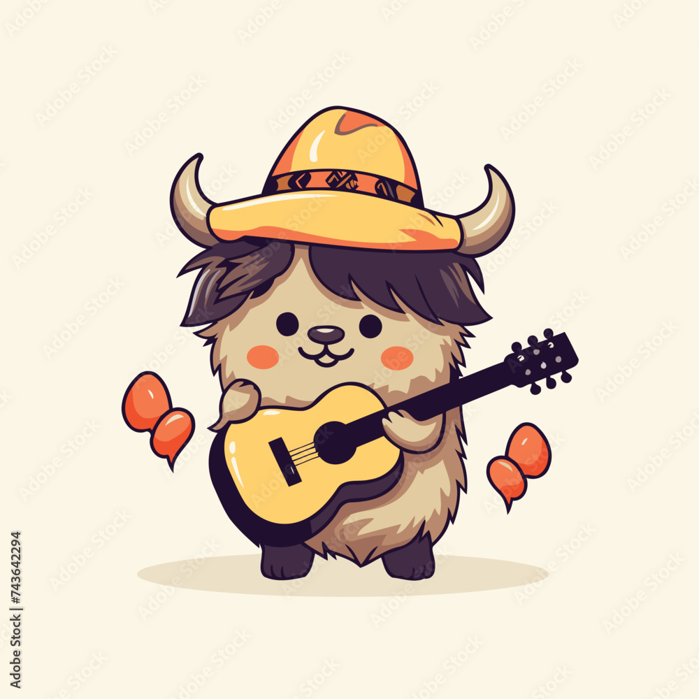 Vector illustration of Cute little goat in sombrero and hat playing guitar