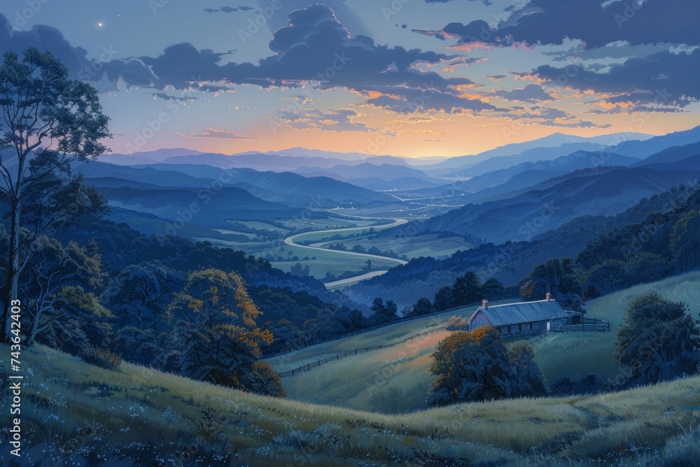 Dusk settling over a serene mountain valley Dusk settling over a serene mountain valley