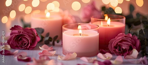 A group of three candles placed on a table, surrounded by delicate petals and passionate roses, creating a dreamy ambiance with their warm glow.