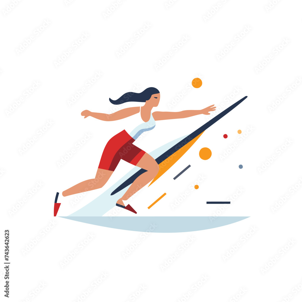 Woman running on a surfboard. Vector illustration in flat style.