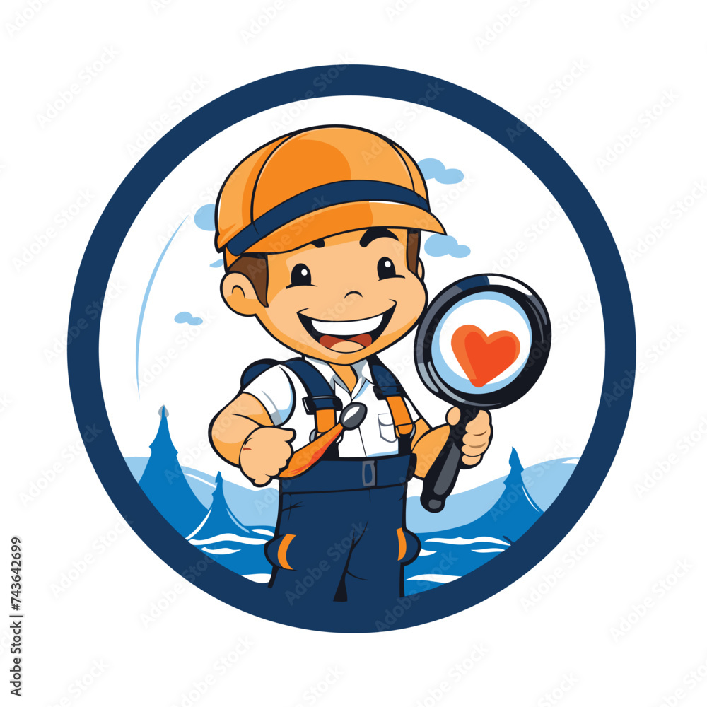 cute boy with magnifying glass and boat in the sea vector illustration