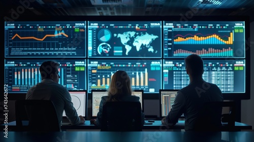 Team of professionals analyzing business metrics on multiple computer screens in a dark control room.