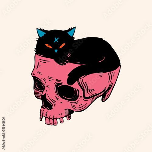 Skull with with cat. Trendy vector illustration.