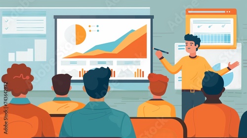 A presenter explains complex data points using colorful graphs and charts in a business presentation to attentive colleagues.