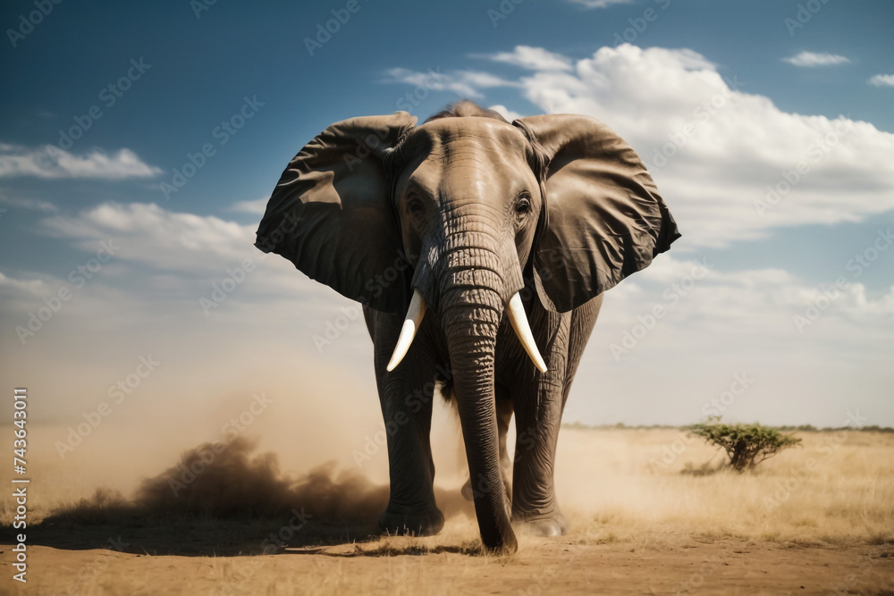 african elephant is walking on desert after rain front view, 3d illustration
