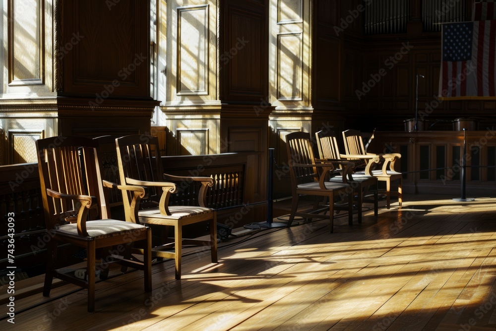 Empty courtroom with sunlight casting shadows