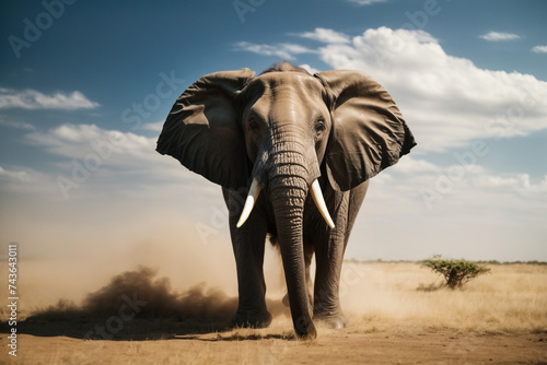 african elephant is walking on desert after rain front view, 3d illustration  © Malik