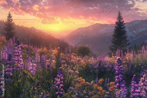 Twilight over a peaceful meadow with wildflowers
