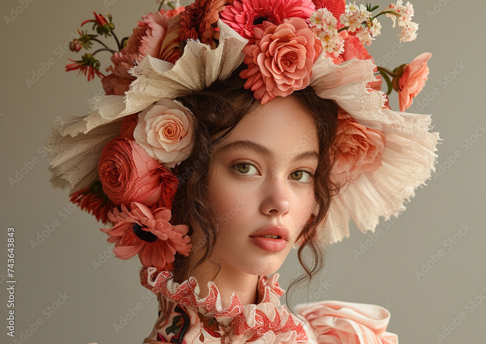 Portrait of beautiful woman wearing fashion dress and flower bouquet as part of hairstyle.Macro.AI Generative.