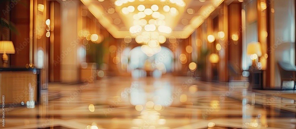Obraz premium A luxurious long hallway with a stunning chandelier hanging from the ceiling and a polished marble floor stretching into the distance. The combination of high ceilings, intricate moldings, and the