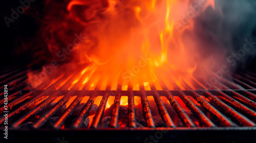 Hot barbecue grill with open flame, smoke, and heat. Concept of summer barbecue with place for product placement.