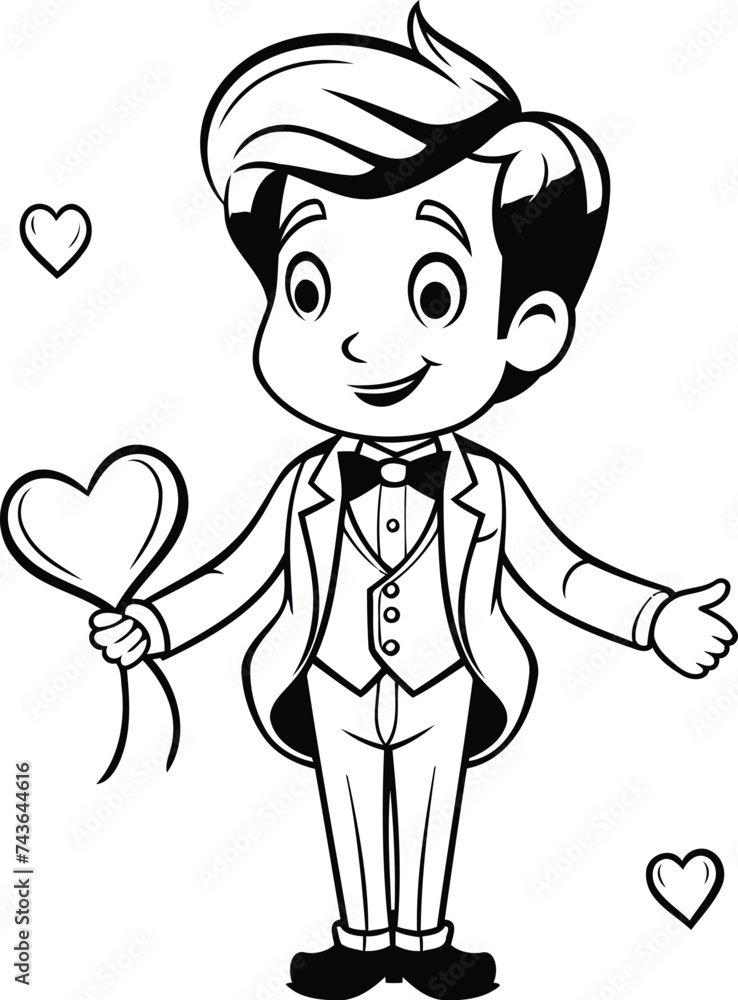 Groom with heart shaped balloon - Black and White Cartoon Illustration