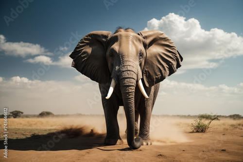 african elephant is walking on desert after rain front view, 3d illustration 
