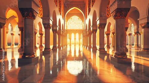 interior of a beautiful islamic mosque with ornate archway and natural light. ramadan kareem banner background. ramadan kareem holiday celebration concept