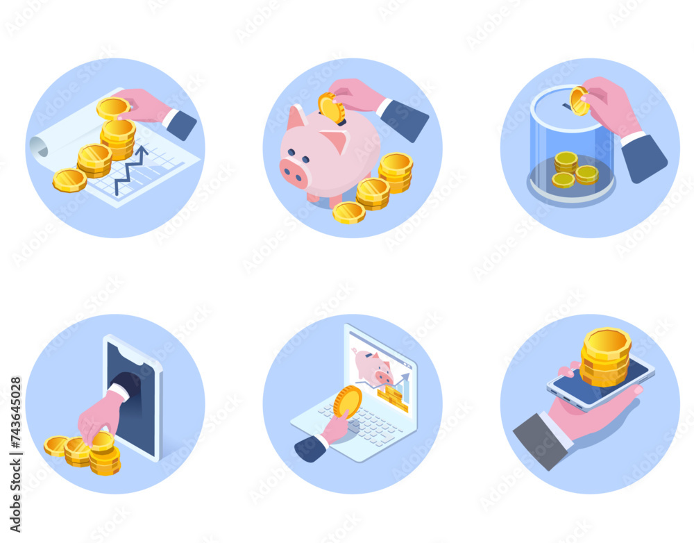 Fototapeta premium Vector isometric illustration set of piggy bank and coins with hand,finance concept