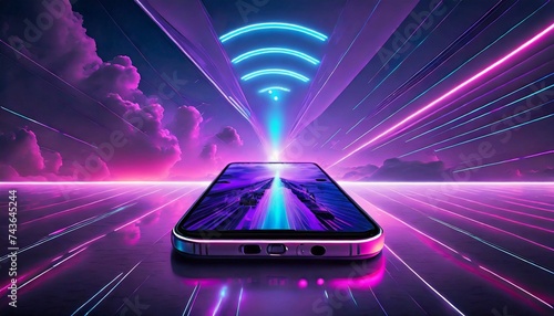 Mobile phone with wireless internet connection. Glowing smartphone with neon Wi-fi signal. Future technology