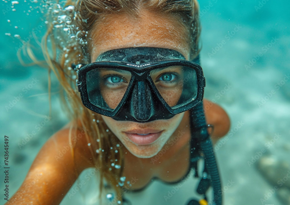 Fototapeta premium Beautiful young woman in scuba diving mask enjoying snorkeling under water.Macro.AI Generative.