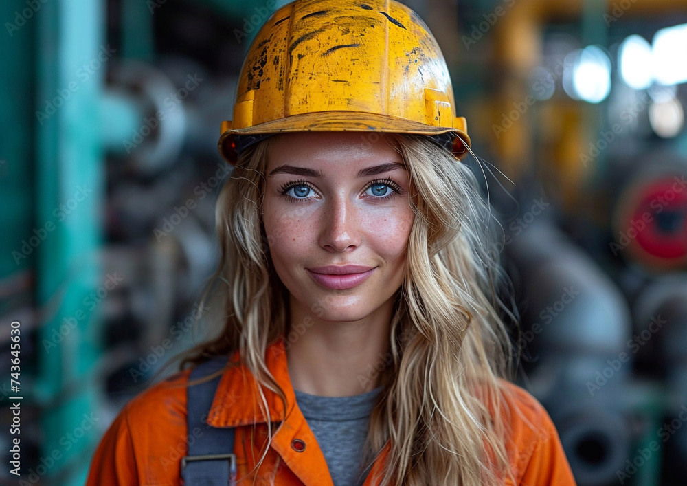 Young female engineer oil and gas industry worker on oil rig in north sea.Macro.AI Generative. Young female engineer oil and gas industry worker on oil rig in north sea.Macro.AI Generative.