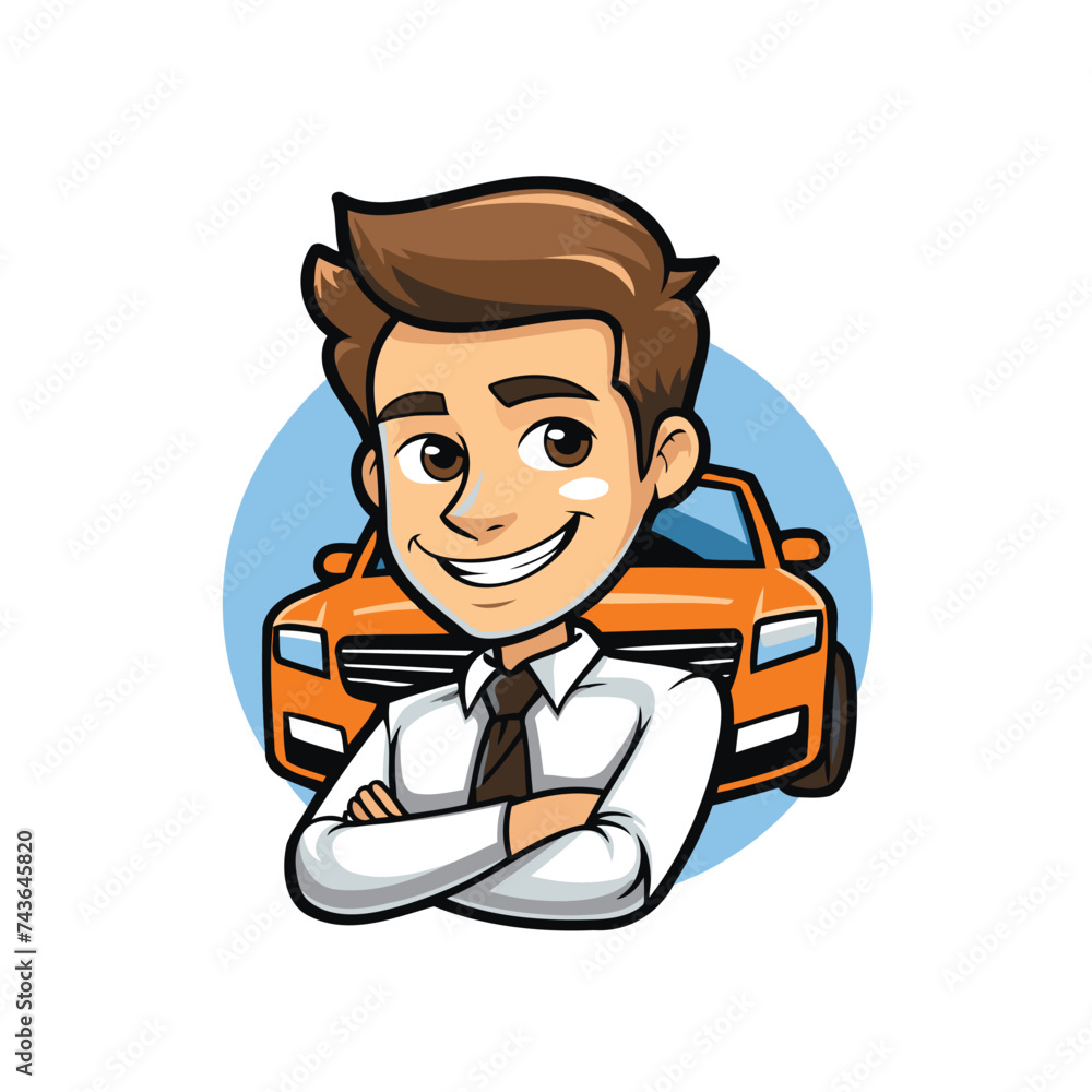 Vector illustration of a cartoon taxi driver with his car in the background