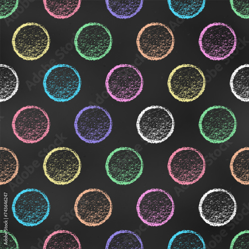 Seamless Grunge Pattern of Chalk Drawn Sketches Polka Dots on Dark Blackboard. Simmetric Abstract Print.. photo