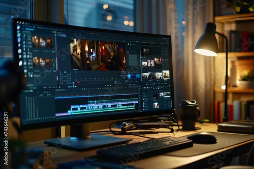 A video editing workstation with a monitor displaying editing software and a timeline.
