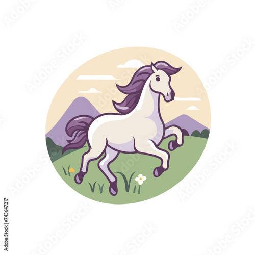 White horse running on the meadow. Vector illustration in flat style
