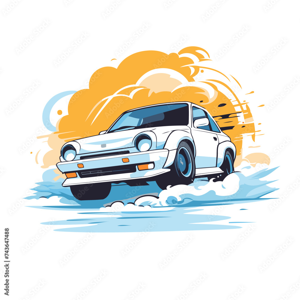 Vector illustration of a car on a background of clouds and sky.