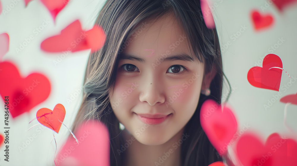 close up portrait of girl with heart shape diy element paper, Valentine's day concept background close up portrait of girl with heart shape diy element paper, Valentine's day concept background