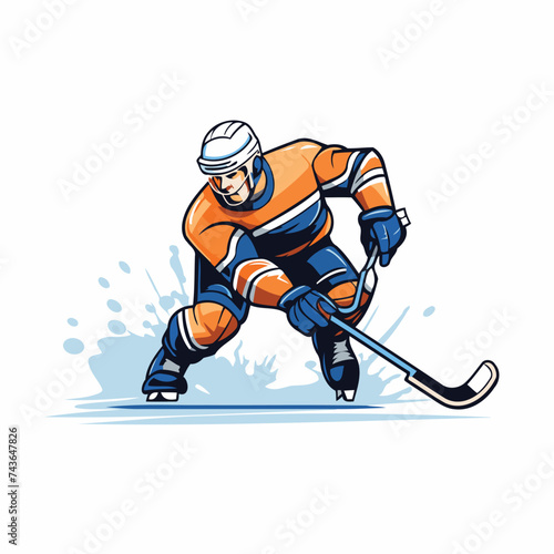 Ice hockey player with the stick and puck. sport vector illustration.