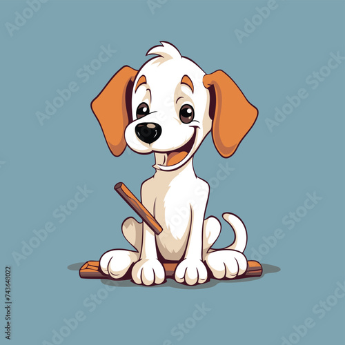 Cute cartoon dog sitting and playing with a stick. Vector illustration.