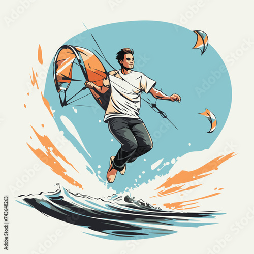 Kitesurfer in action. Vector illustration of kite surfing.