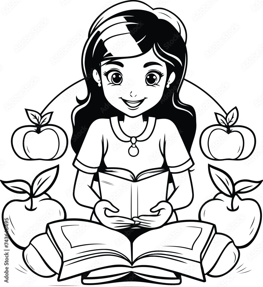 Girl reading a book with apples around her. Black and white vector illustration.