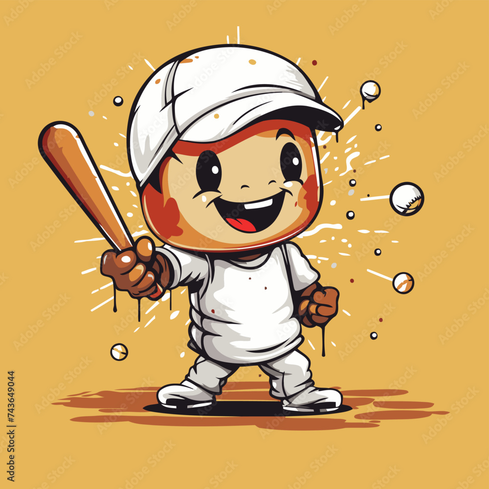 Illustration of a cartoon baseball player with baseball bat and ball.