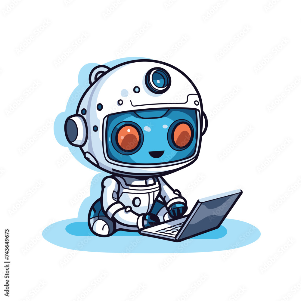 Cute robot working on laptop. cartoon vector illustration isolated on white background.
