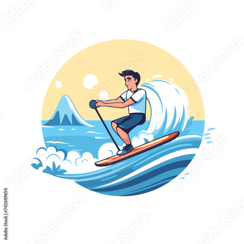Young man on a surfboard. Vector illustration in a flat style