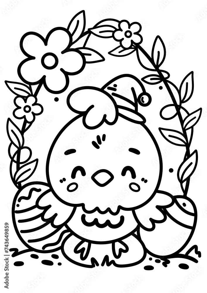 Fototapeta premium Hand-drawn, Happy Easter Chicken with carrot and a rabbit, Coloring book page for kids, easter bunny, easter eggs, baby chick, Cute holiday egg hunt coloring