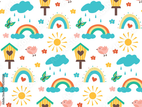 Seamless spring pattern with birds, birdhouse, rainbow and clouds with cute colored flowers. Vector illustration for textiles, wrapping paper