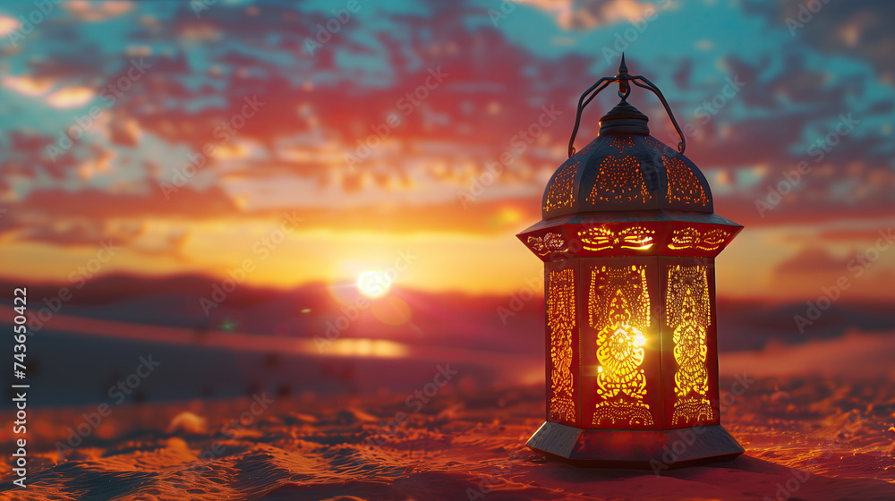 islamic lantern on the sand dunes at sunset. ramadan kareem banner background. ramadan kareem holiday celebration concept islamic lantern on the sand dunes at sunset. ramadan kareem banner background. ramadan kareem holiday celebration concept