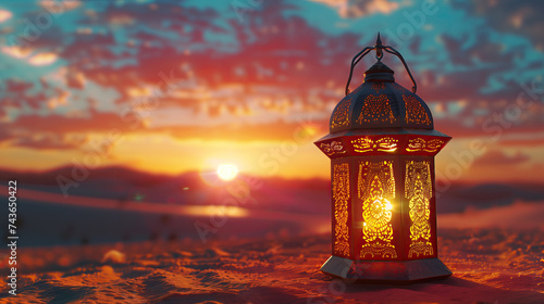 islamic lantern on the sand dunes at sunset. ramadan kareem banner background. ramadan kareem holiday celebration concept