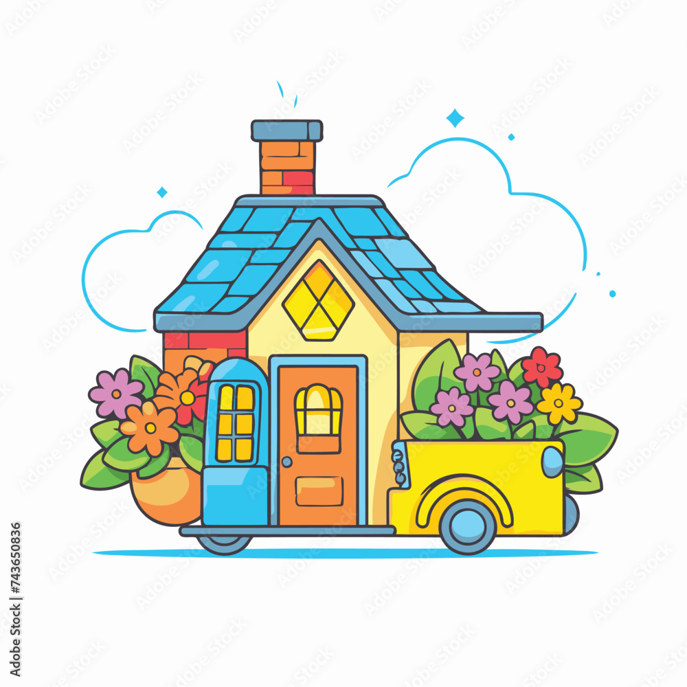 House with flowers and a toy car. Flat style vector illustration.