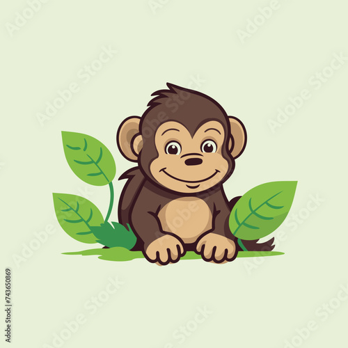 Chimpanzee monkey cartoon on green leaves background. Vector illustration