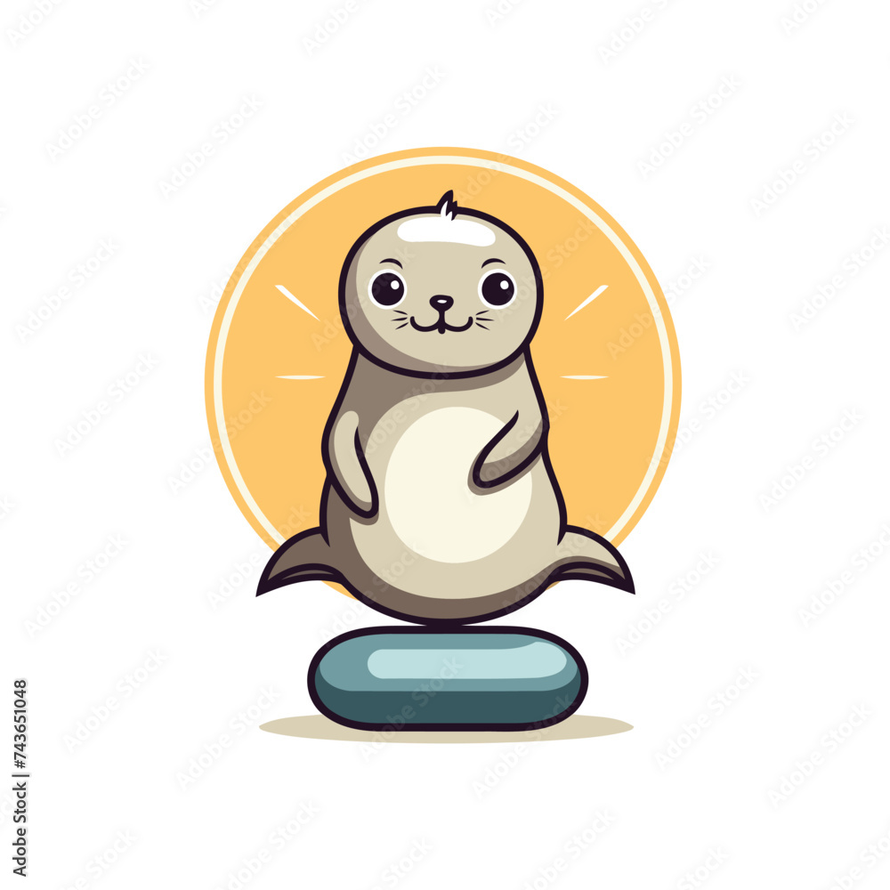 Cute cartoon seal sitting on a stone. Vector illustration on white background.