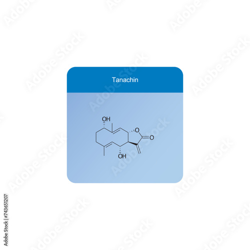 Tanachin skeletal structure diagram.Sesquiterpene compound molecule scientific illustration on blue background. photo