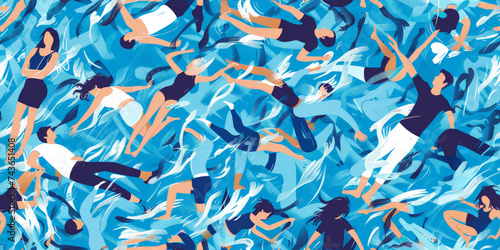 Seamless pattern  group of modern people. Abstract background with waves. Modern underwater people swim in ocean  sea  pool.