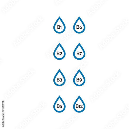 Set of 8 blue vitamin icons -group B vitamins - B1, B2, B3, B5, B6, B7, B9, B12 - simple drop icon illustration, graphic element for products, supplements, web design and more.