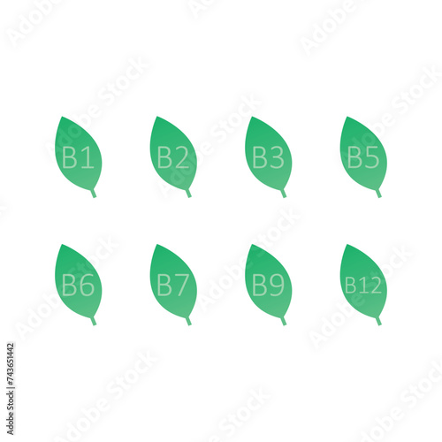 Set of 8 green vitamin icons -group B vitamins - B1, B2, B3, B5, B6, B7, B9, B12 - simple leaf icon illustration, graphic element for products, supplements, web design and more.