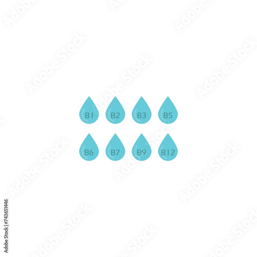 Set of 8 blue vitamin icons -group B vitamins - B1, B2, B3, B5, B6, B7, B9, B12 - simple drop icon illustration, graphic element for products, supplements, web design and more.