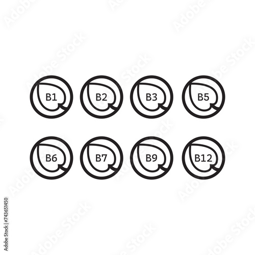 Set of 8 black vitamin icons -group B vitamins - B1, B2, B3, B5, B6, B7, B9, B12 - simple leaf icon illustration, graphic element for products, supplements, web design and more.